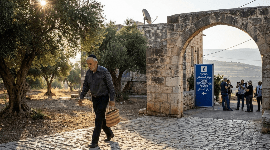 Morning light on ancient Galilee building with modern signs, tourists.