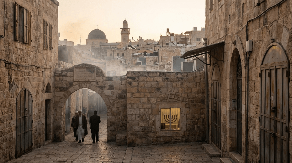 Early morning light on Hebron's cobblestone streets with visible menorah.