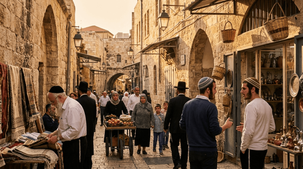 Jerusalem street scene with people in traditional Jewish headwear.