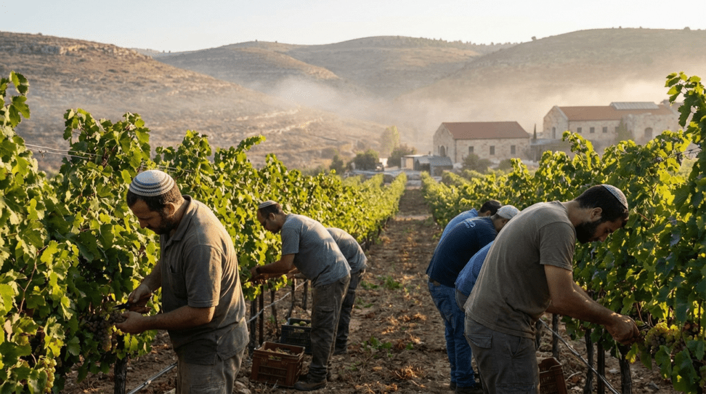 Workers harvest grapes in a vineyard at Gush Etzion, Israel.