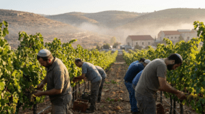 Workers harvest grapes in a vineyard at Gush Etzion, Israel.