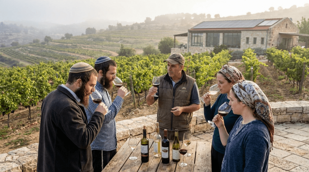 Visitors tasting wine at a vineyard in Gush Etzion, Israel.