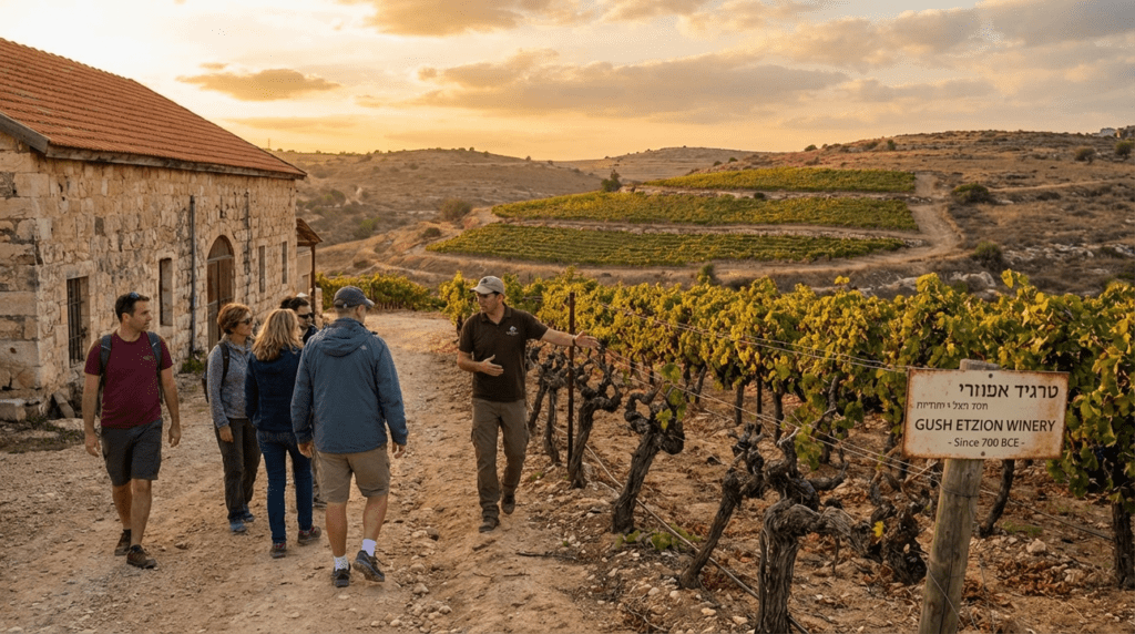 Visitors and guide touring Gush Etzion Winery at sunset.