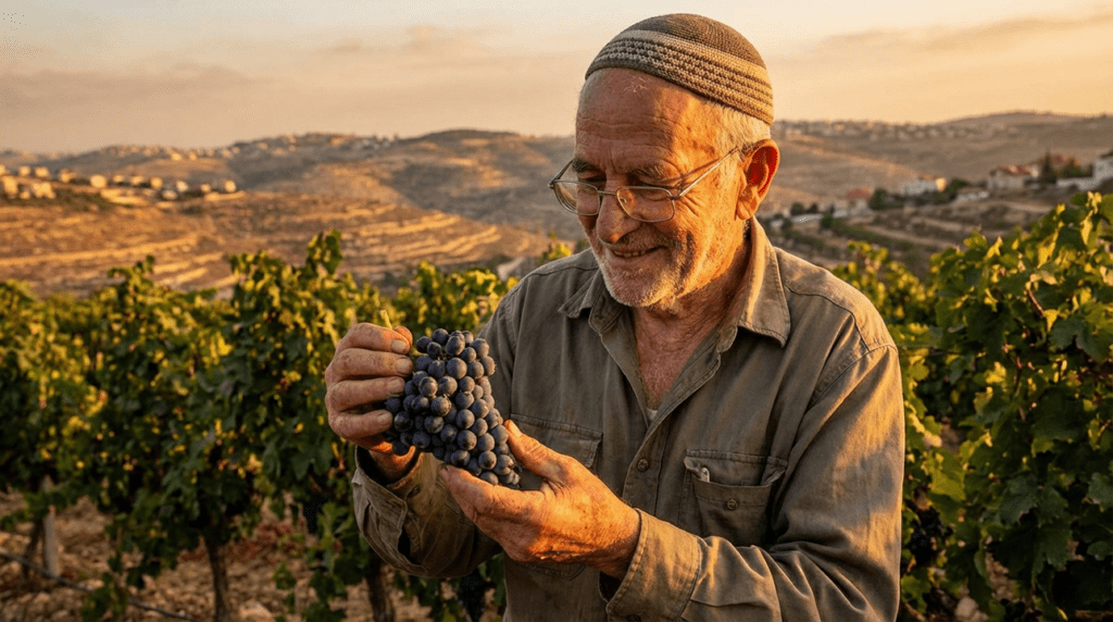 Elderly Jewish man in kippah examining grapes in Gush Etzion.