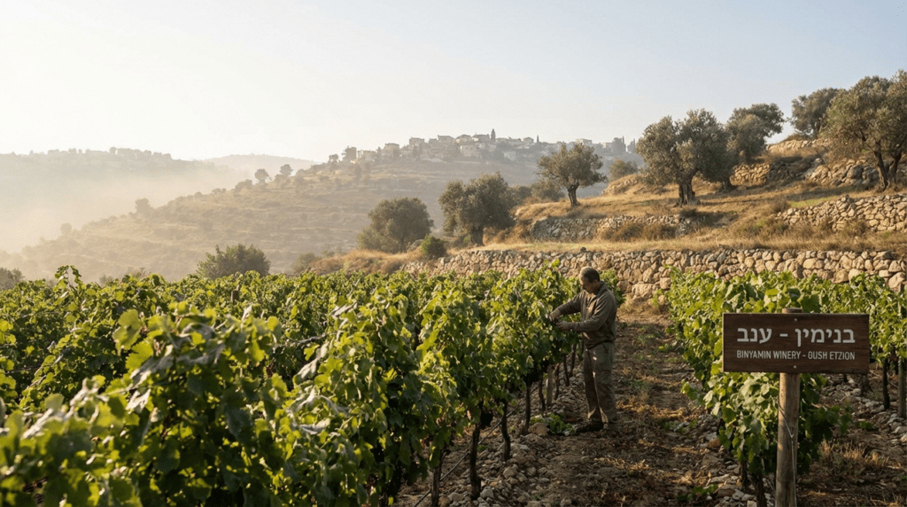 Early morning at Gush Etzion winery with dewy vineyards and rolling hills.