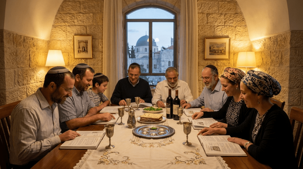 Family at Passover Seder table with traditional foods in Jerusalem.