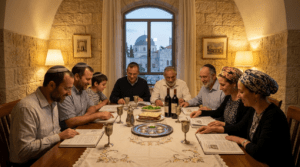 Family at Passover Seder table with traditional foods in Jerusalem.