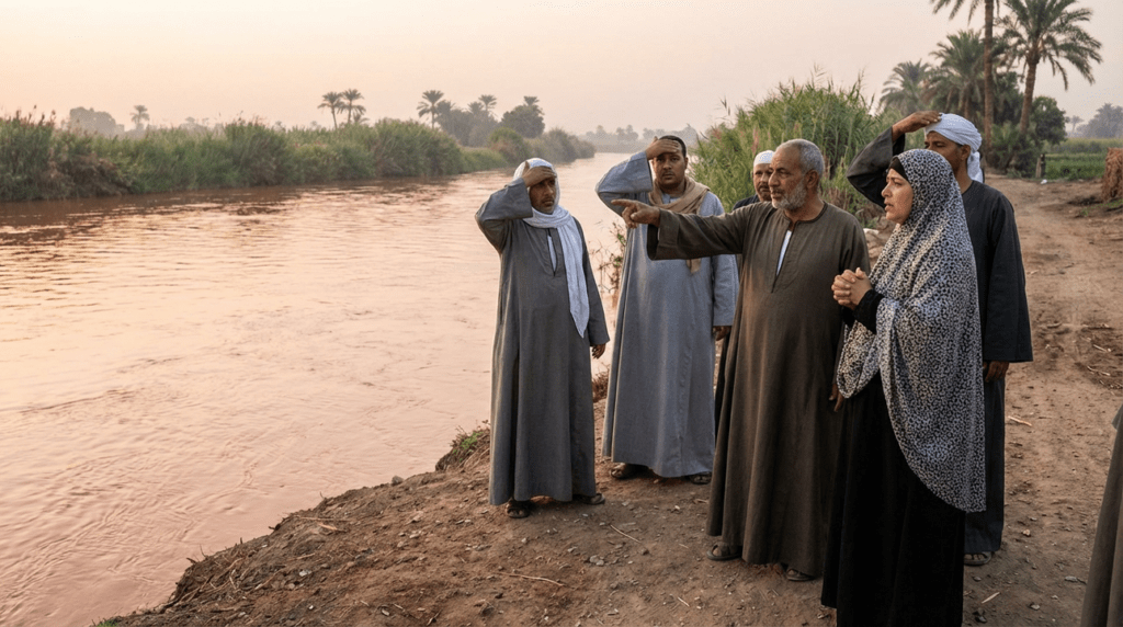 Egyptian locals by Nile River tinted red, discussing and pointing.