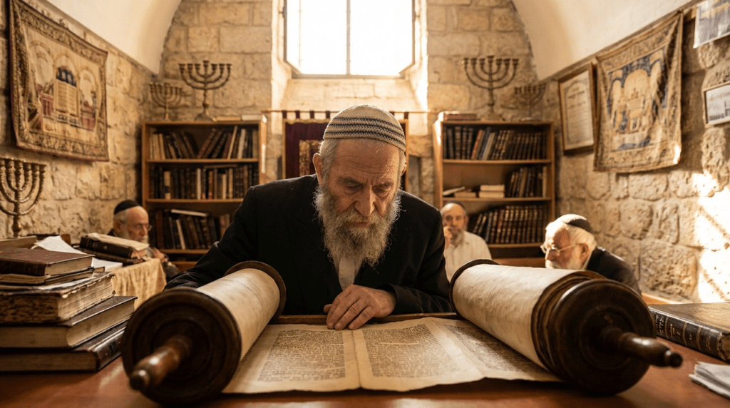 Elderly Jewish man in kippah reading Torah in sunlit synagogue.