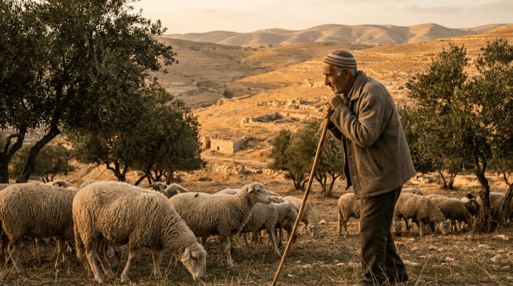 Person in traditional attire tending sheep in an olive grove at sunset.