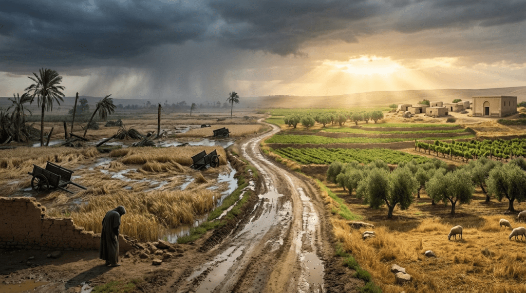 Damaged Egyptian landscape after hailstorm beside serene, sunlit Goshen.
