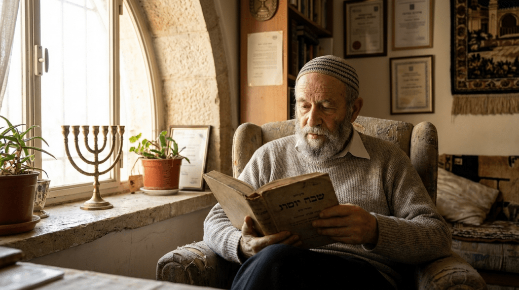 Elderly Jewish man reads Torah by window, menorah on sill.