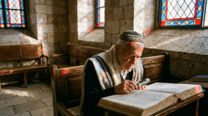 Elderly man in kippah reading Bible in serene synagogue corner.