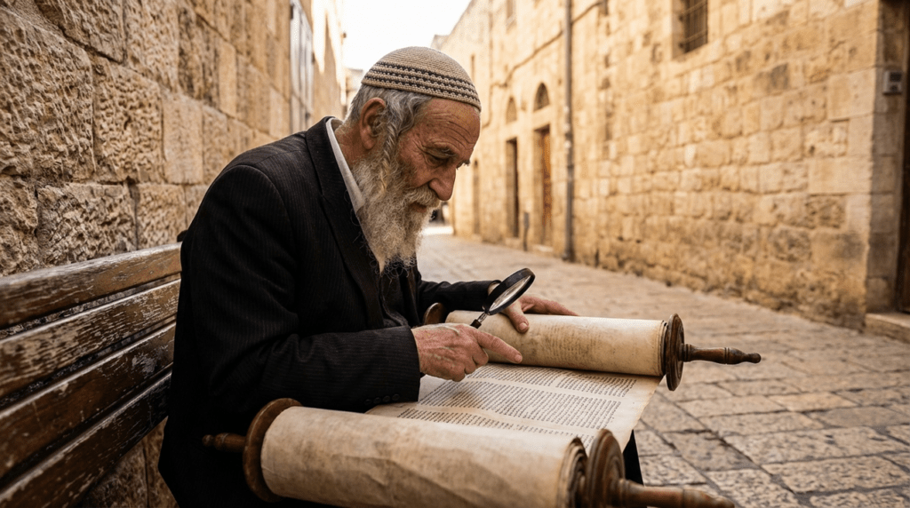 Elderly Jewish man reads Torah by ancient stone walls in Jerusalem.