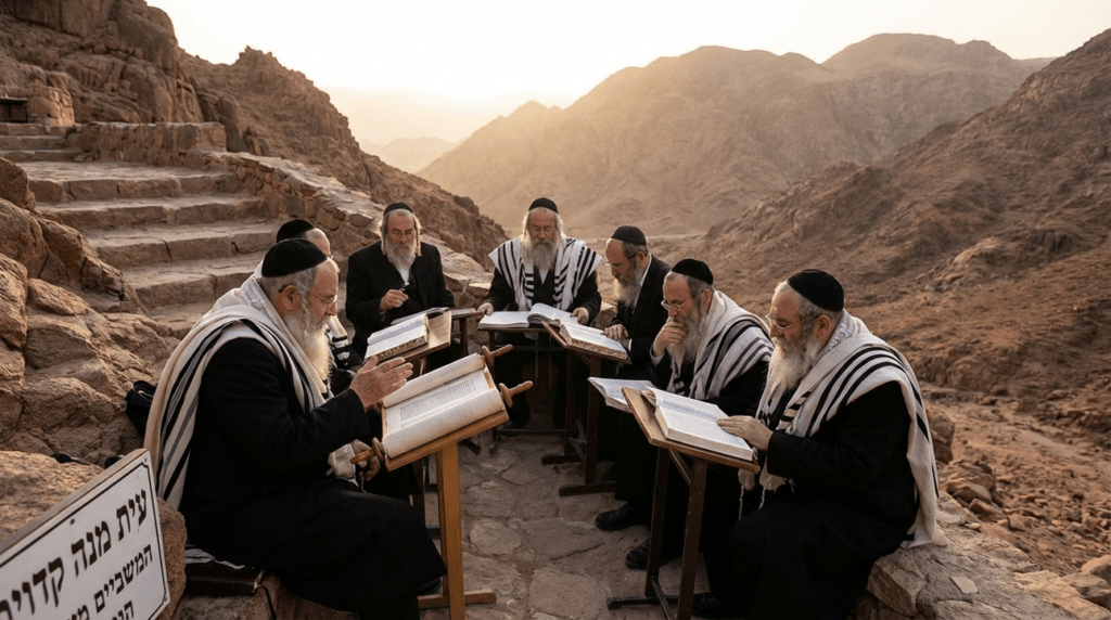 Jewish scholars studying Torah on ancient steps at Mount Sinai.
