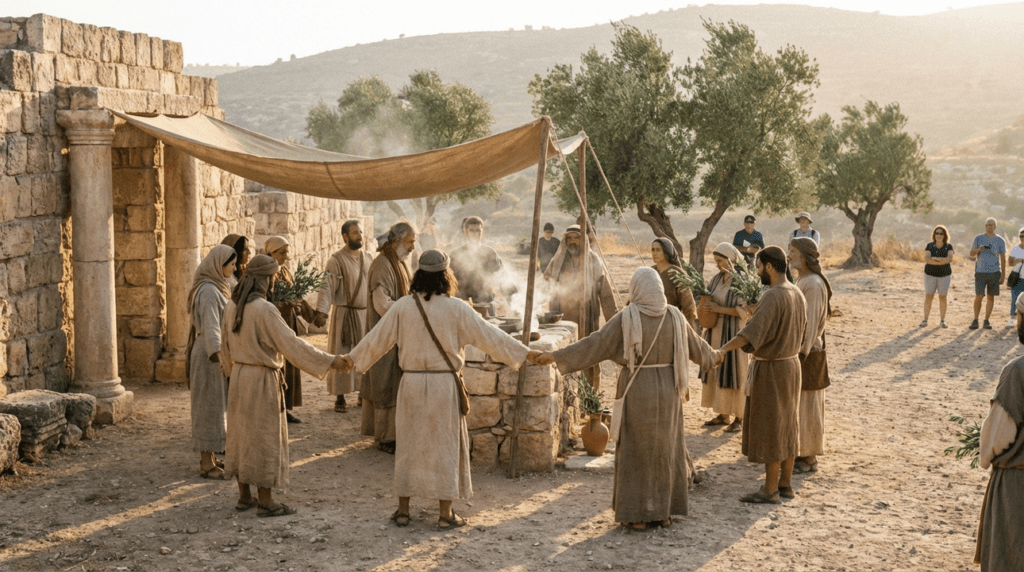 Actors in ancient Israeli attire reenact rituals at Solomon's Temple.
