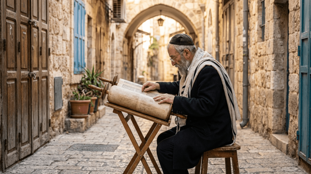 Elderly Jewish man in kippah reading Torah in Jerusalem alley.
