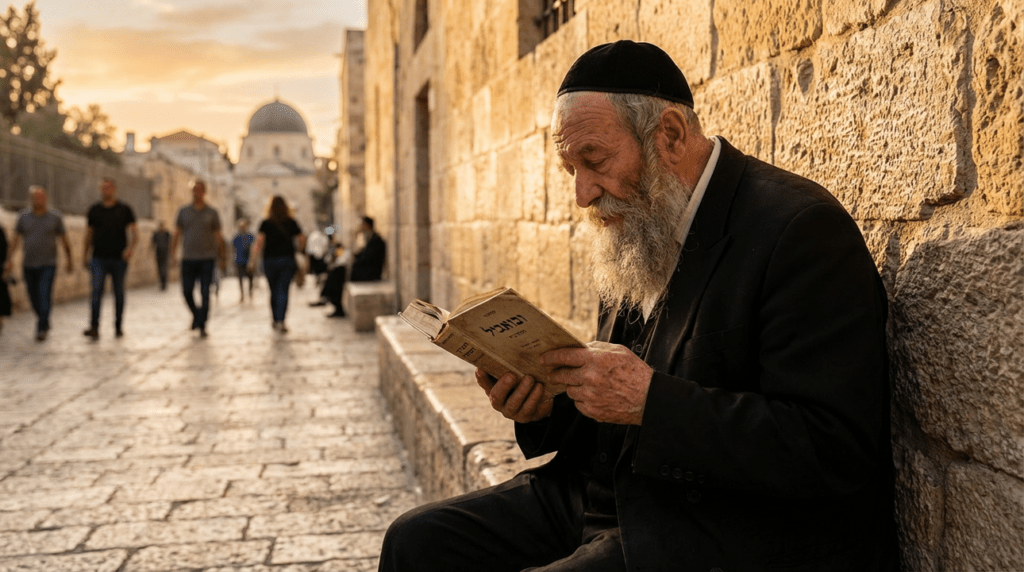 Elderly Jewish man reading Ezekiel near Jerusalem's ancient walls.