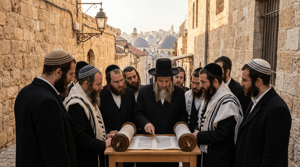 Jewish men gathered around a Rabbi reading the Torah in Jerusalem.