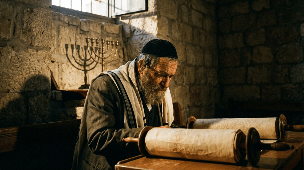 Elderly Jewish man reads Torah in a historic Jerusalem synagogue.
