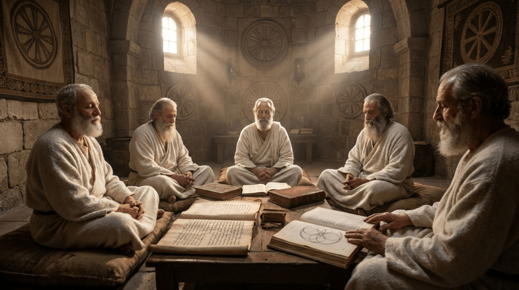 Merkavah mystics meditating around ancient scrolls in a dim Jerusalem room.