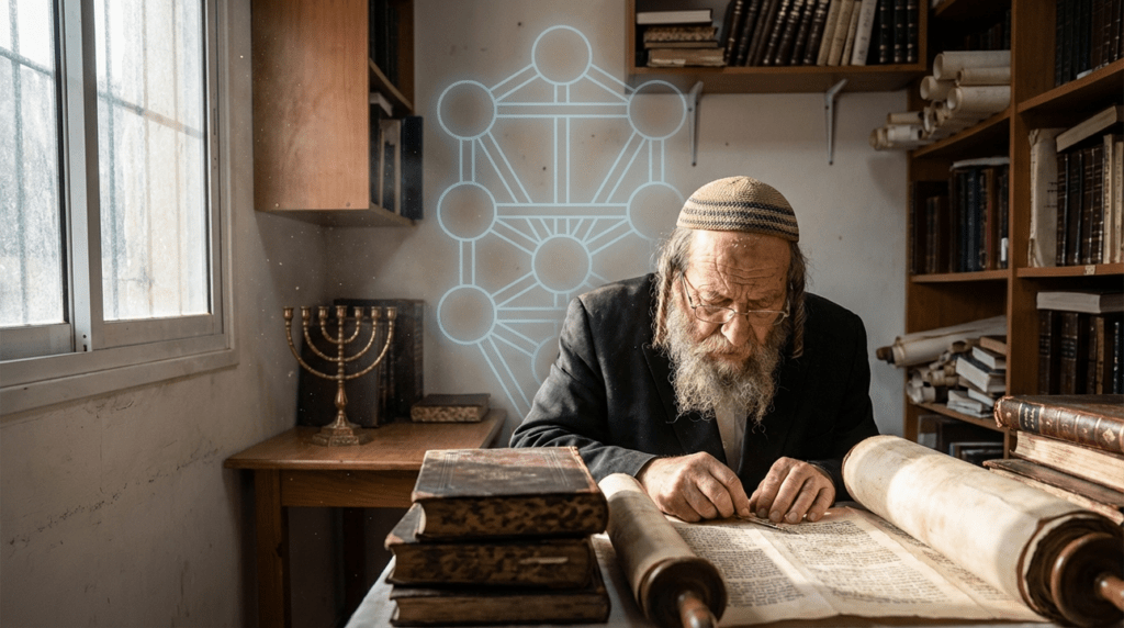 Elderly Jewish rabbi studying Kabbalistic texts in a traditional study room.