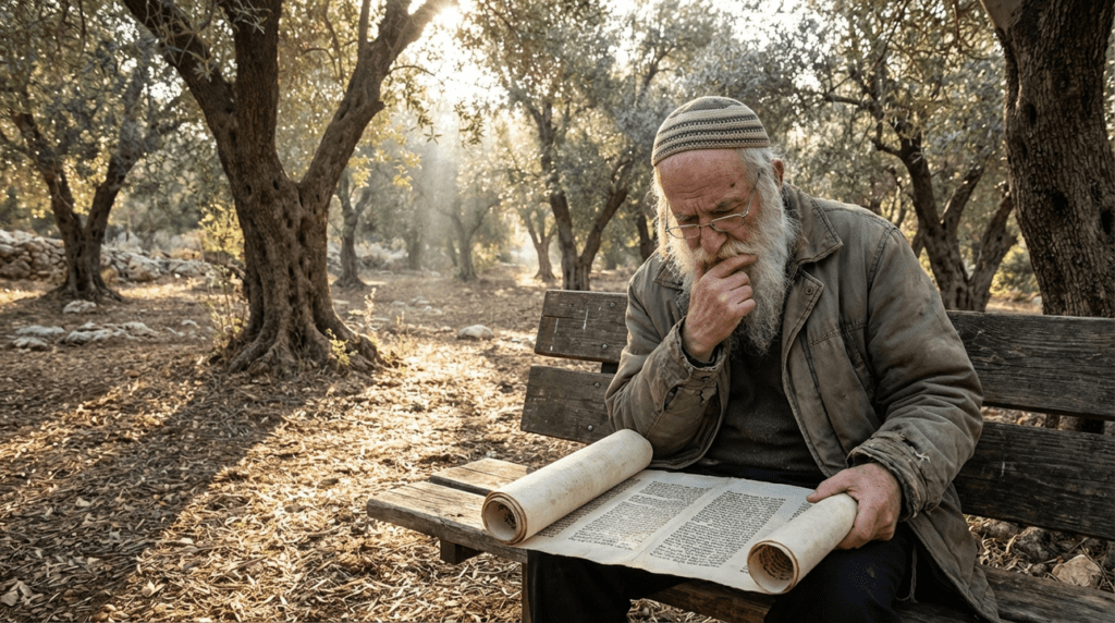 Elderly Jewish man reading ancient scroll in sunlit olive grove.