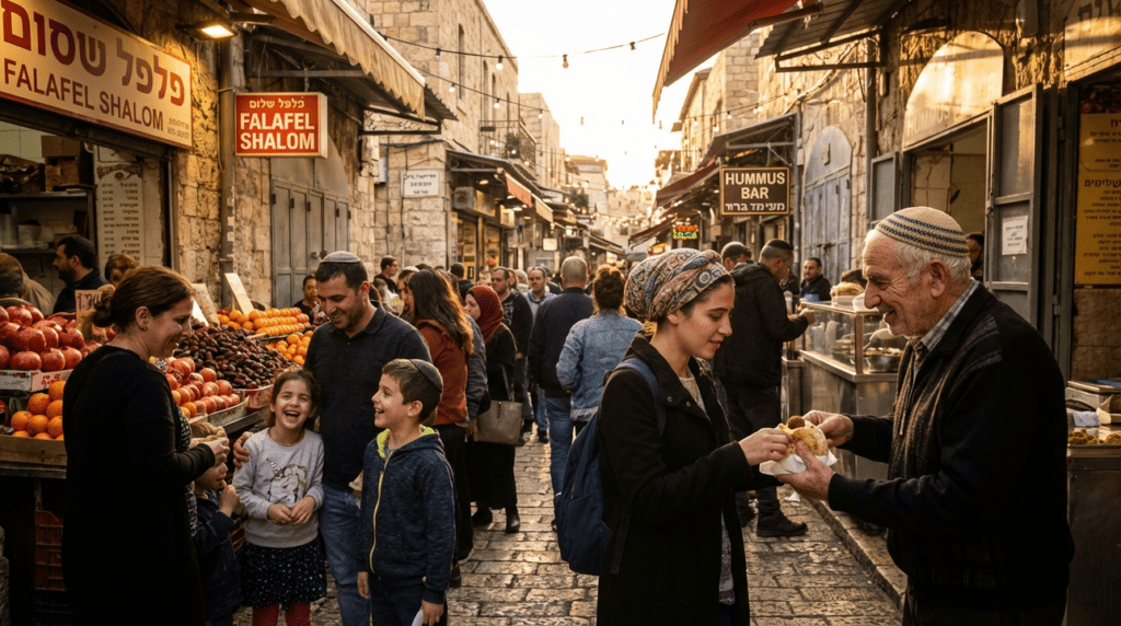 Outdoor market in Jerusalem with stalls selling traditional Israeli foods.