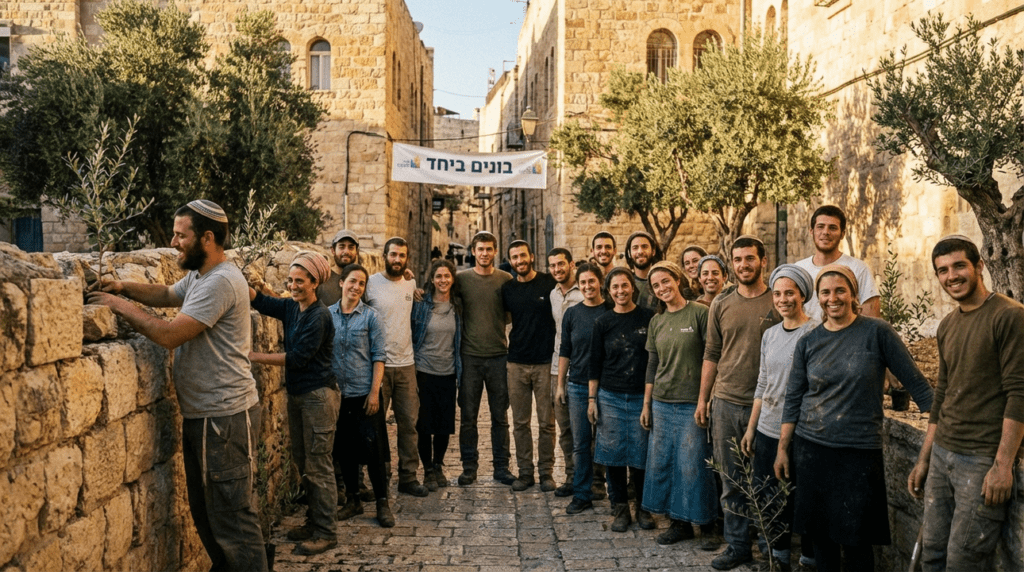Diverse group of Israelis engaged in a community project in Jerusalem.