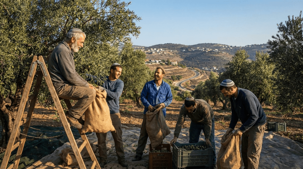 Israeli farmers harvesting olives in a sunlit Galilee grove.