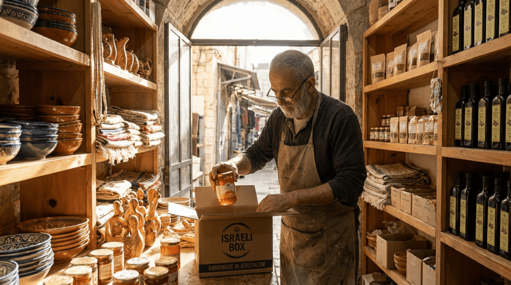 Elderly artisan arranging subscription box in a Jerusalem craft workshop.