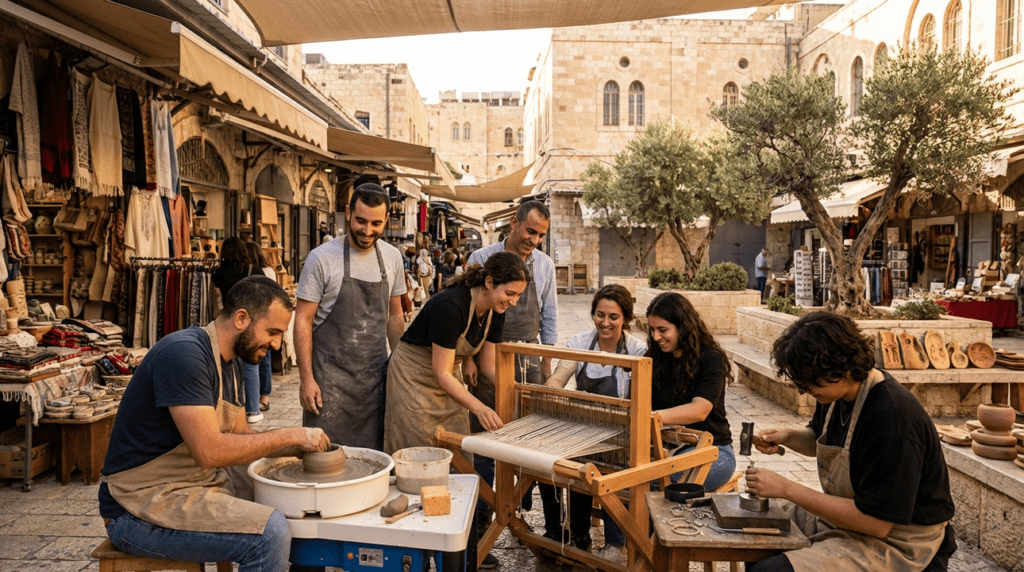 Israeli artisans create traditional crafts in a Jerusalem market.