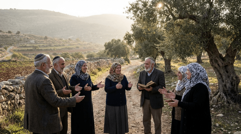 Group in traditional Jewish attire discussing among olive groves, distant hills.