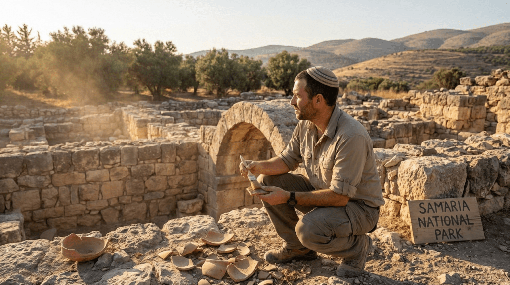 Archaeologist in kippah examines artifacts at Samaria ruins during sunset.