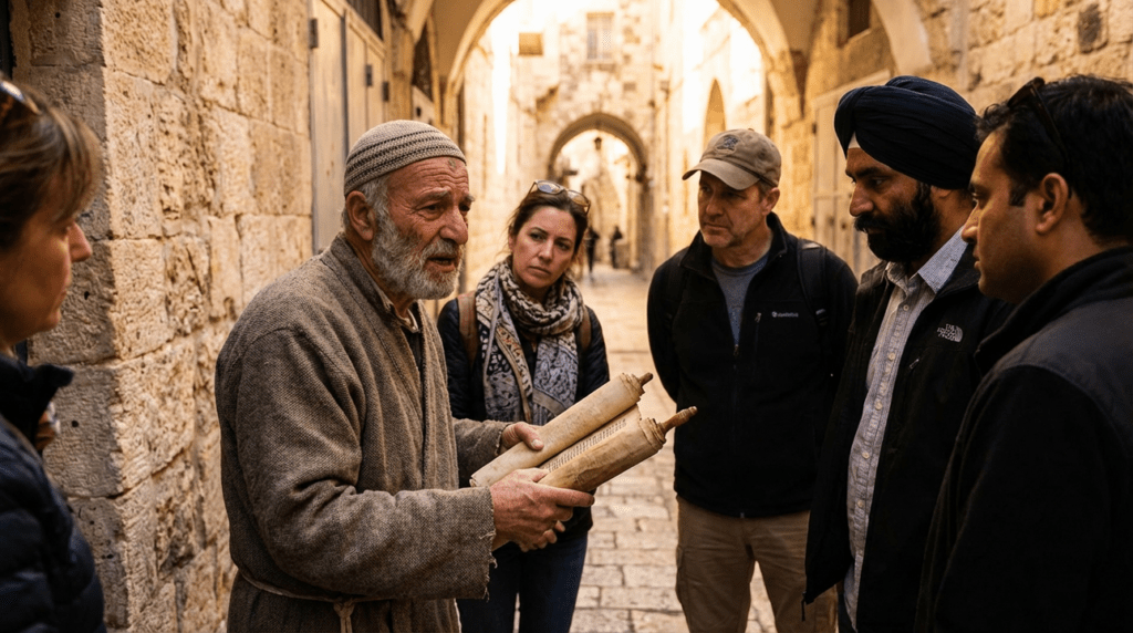 Elderly man in traditional Jewish attire holding scrolls, addressing group in Jerusalem alley.