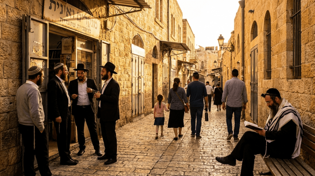 Jerusalem street at sunset with locals in kippas and stone buildings.