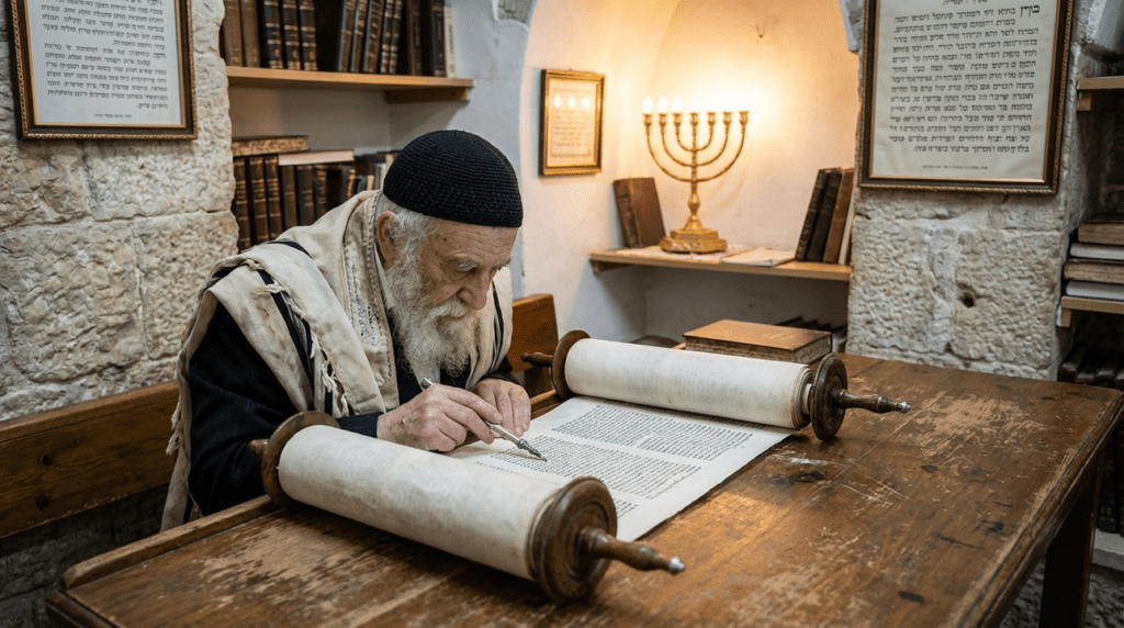 Elderly Jewish man reading Torah in a dimly lit synagogue.