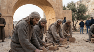 Actors in ancient Israelite garments reenact Passover story in Jerusalem.