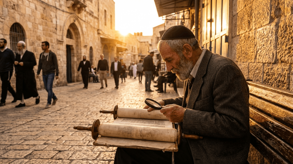 Elderly Jewish man in Jerusalem reading Torah in narrow street.