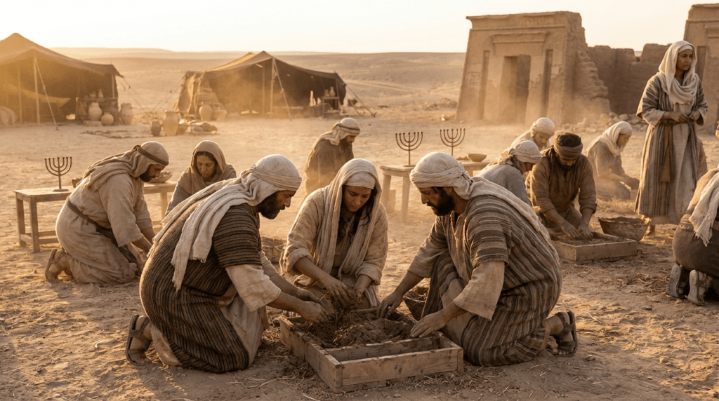 Group of people in Biblical attire making bricks in desert landscape.