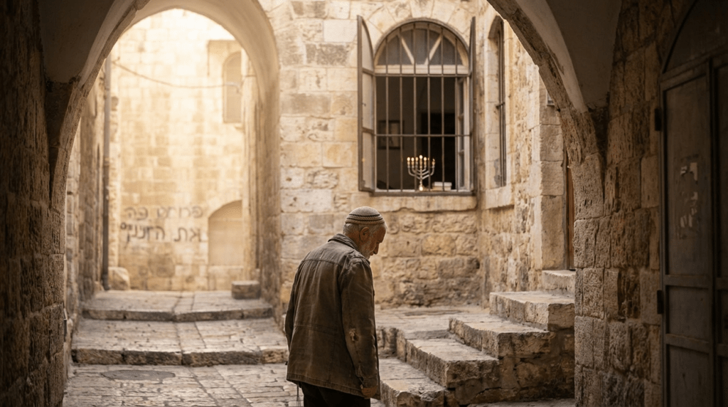 Morning light in Jerusalem alley with menorah and man wearing kippah.