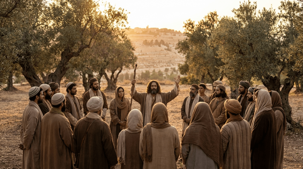 Group reenacting Israelites around Moses in olive grove at sunset.