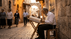 Elderly Jewish man in Jerusalem reads Torah in cobblestoned alley.