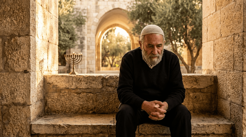 Elderly Jewish man in contemplation by Jerusalem's stone walls, wearing kippah.