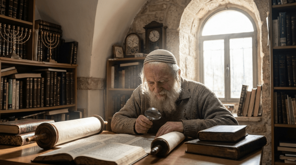 Elderly Jewish man studying texts in a sunlit, book-filled room.
