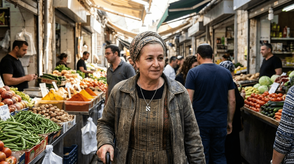 Middle-aged Jewish woman wearing Aleph necklace walks through market.
