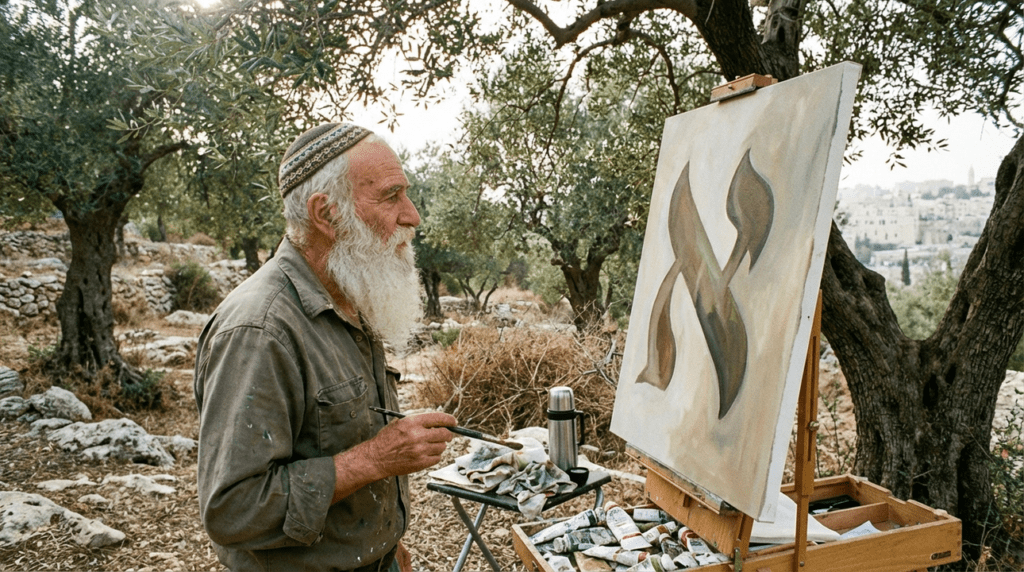 Elderly Israeli artist painting Aleph in an olive grove near Jerusalem.