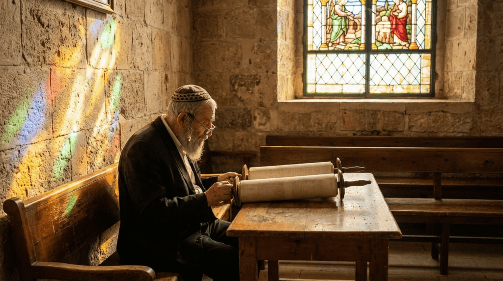 Elderly Jewish man reading Torah in sunlit ancient Jerusalem synagogue.
