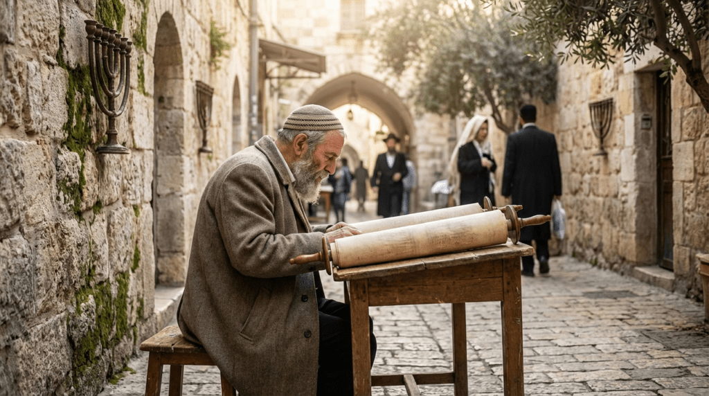 Elderly Jewish man reading Torah in a stone alley, Jerusalem.
