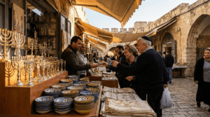 Early morning market in Jerusalem with locals shopping traditional goods.